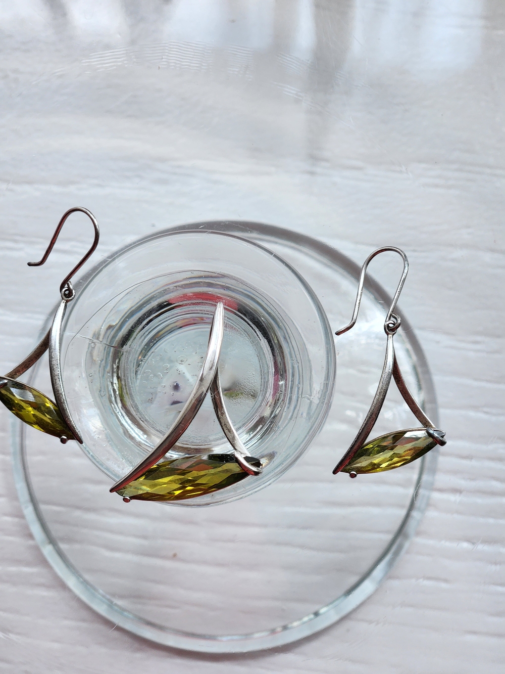 Silver Drop Earrings And Pendant with Olive Green Crystal Accent